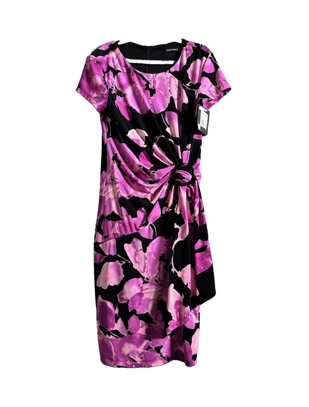 Ellen Tracy Black Pink Floral Pencil Dress Ring Detail Zip Knee Length Sz 2
